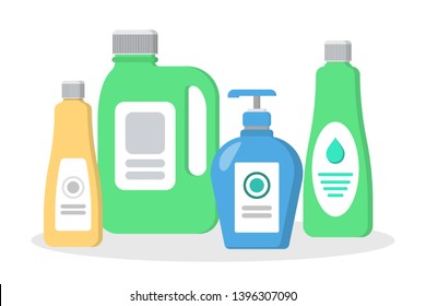 House cleaning equipment set. Collection of detergent in a bottle. Domestic work concept. Flat vector illustration