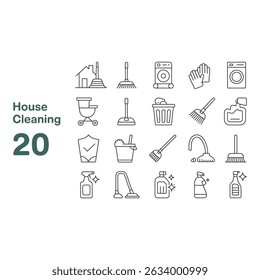 House Cleaning Essentials An icon set of 20 cleaning tools and supplies for a spotless home in