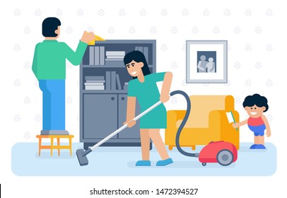 House cleaning flat vector illustration. Father, mother and kid cleaning home together cartoon characters. Housework, housekeeping. Vacuuming, dusting. Cleanup flooring, household dirt removal