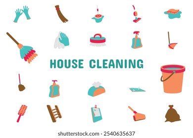 House Cleaning Flat Vector Illustration Icon Sticker Set Design Materials