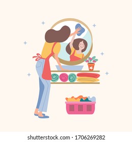 House cleaning. A girl washes the mirror in the bathroom. Vector illustration.