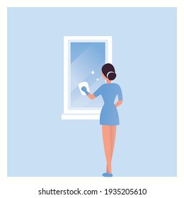 House cleaning. A girl washes the mirror in the bathroom. Vector. Woman clean the mirror. Domestic work, cleaner in uniform working. Housewife wash bathroom element. Isolated illustration in flat