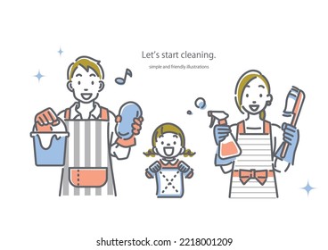 house cleaning, happy young family illustration