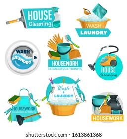 House cleaning and housekeeping service vector icons. Laundry and housework cleaning tools, window wash scraper and detergent, vacuum cleaner and iron, toilet plunger and soap bubbles