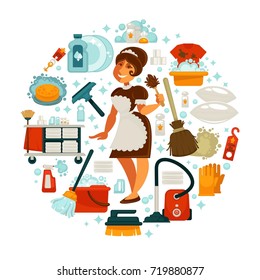 House cleaning, housewife or housemaid and vector home clean tools
