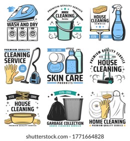 House cleaning and hygiene vector icons. Vacuum cleaner, iron and washing machine, rubber gloves, broom and dustpan, detergent and squeegee, trash bucket and bag. Laundry and house cleaning service