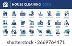 House cleaning icon set. Containing washing, broom, soap, maid, laundry, home cleaning, sponge, vacuum cleaner, mop and more. Solid vector icons collection.