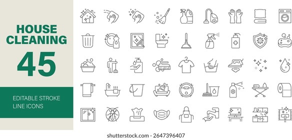 House Cleaning icon set. Containing housekeeping, washing, vacuum cleaner, detergent, cleaning tools, equipment, household appliances and more. Editable stroke. Vector illustration.