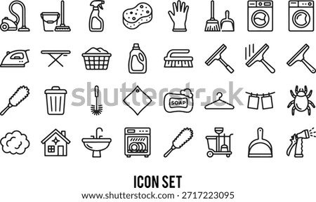 House Cleaning icon set. Housekeeping related line icons: washing, vacuum cleaner, detergent, cleaning tools, equipment, household appliances and more. Editable stroke. Vector illustration