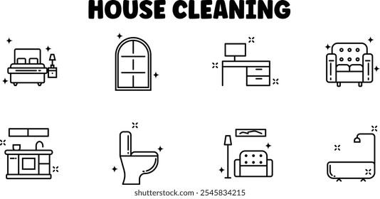 House Cleaning Icon Set, Indoor Interior Cleaning, Maid Service Cool Vector icons of living room, sofa, window, bath tub and more, for websites, mobile apps design, presentations, and business 