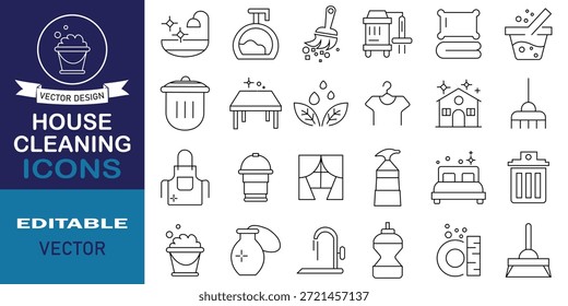 Conjunto de iconos de limpieza de la casa. Paquete de icono de estilo lineal. Incluye higiene, hogar, ventana, limpieza, camisa, lavado, detergente y más. Ilustración vectorial.
