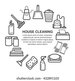 House cleaning icons in a circle composition made in line art style.