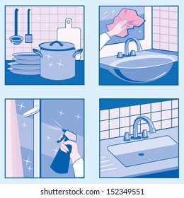 House Cleaning icons. A set of vector illustrations of House Cleaning in blue colors.