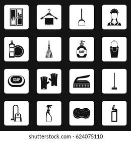 House cleaning icons set in white squares on black background simple style vector illustration