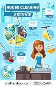 House cleaning infographic on home clean service. Vector statistics on cleaning time, laundry and dishwashing, professional housekeeping percent shares and diagram graphs on cleaning tools