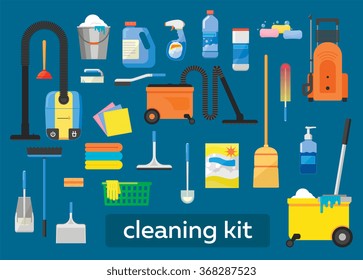 House Cleaning Kit. Professional Tool And Equipment Accessory For Housekeeping. Household Supply Vector Illustration. House Room Or Office Cleaning Icon Collection Isolated On Blue Background
