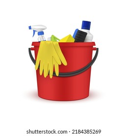 House cleaning kit red plastic bucket with detergents and equipment realistic vector illustration. Rubber gloves sponge soap bottle polish spray for indoor washing hygiene. Cleanliness service tools