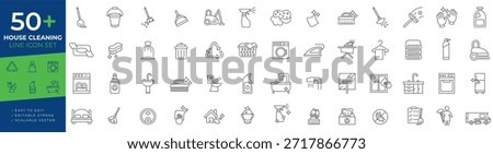 House cleaning line art icon set with editable strokes and scalable vector symbols representing household cleaning, laundry, washing, hygiene, and home care concepts for digital projects.