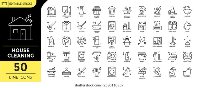 House cleaning line editable icon set. editable stroke, vector pack with, spray, trash bin, clothes, cleaning brush, driyer, dish washing, disinfecting, detergen, bucket, and more. vector illustration