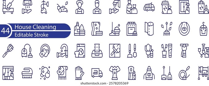 House Cleaning Line Editable Icons set. Vector illustration in modern thin line style of cleaning service related icons , detergents, cleaning equipment, household appliances, and more.