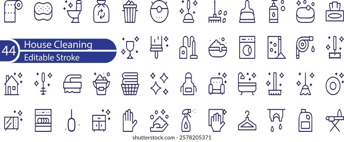 House Cleaning Line Editable Icons set. Vector illustration in modern thin line style of cleaning service related icons , detergents, cleaning equipment, household appliances, and more.