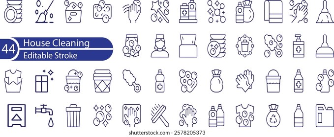 House Cleaning Line Editable Icons set. Vector illustration in modern thin line style of cleaning service related icons , detergents, cleaning equipment, household appliances, and more.