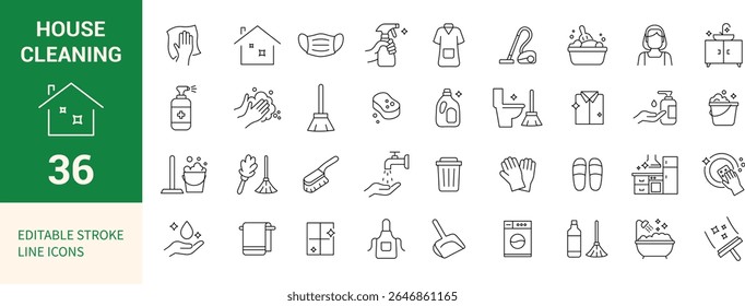 House Cleaning Line Editable Icons Set. Includes Cleaning Tools, Hygiene, Sanitation, Laundry, and More. Vector Illustration.