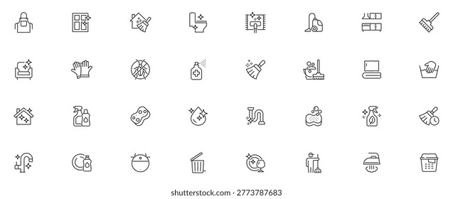 House Cleaning Line Editable Icons set. Vector illustration in modern thin line style of cleaning service related icons: detergents, cleaning equipment, household appliances, and more. 