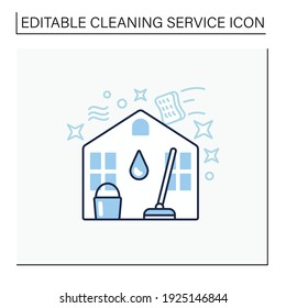 House cleaning line icon. Householding things. Bucket and broom inside house. Floor cleaning. Cleaning concept. Isolated vector illustration.Editable stroke