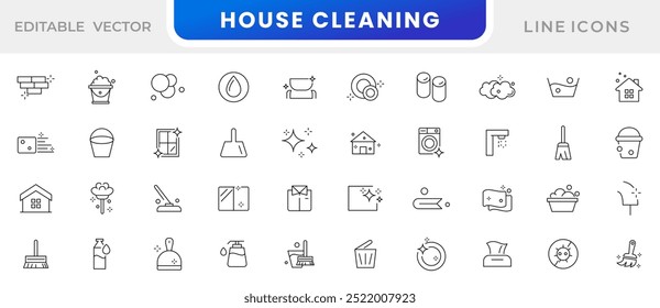 House Cleaning line icon set. Washing floors, windows, dishes, clothes, water pollution, Laundry detergent, washing line icon set. UI thin line icon pack.