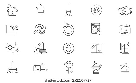 House Cleaning line icon set. Washing floors, windows, dishes, clothes, water pollution, Laundry detergent, washing line icon set. UI thin line icon pack.