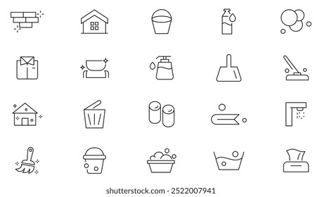 House Cleaning line icon set. Washing floors, windows, dishes, clothes, water pollution, Laundry detergent, washing line icon set. UI thin line icon pack.