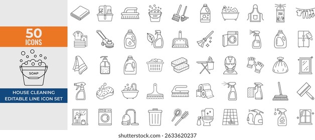 House Cleaning Line Icon Set – Washing, Vacuum, Detergent, Cleaning Tools, Appliances – Editable Stroke Vector illustration