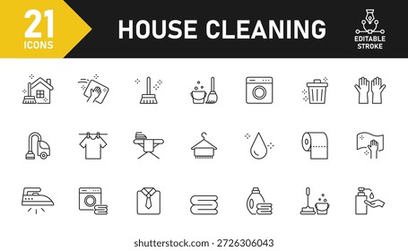Symbolsatz für die Reinigungszeile des Hauses. Set von 21 Umrisssymbolen in Bezug auf Hausreinigung, Hausreinigung, Reinigung, Waschen, Vakuum, Mopp, Vakuum und andere. Bearbeitbarer Strich. Vektorgrafik.