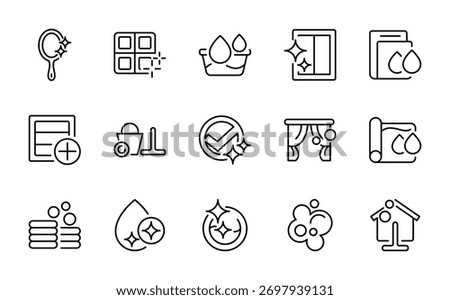 House cleaning line icon set. washing, vacuum cleaner, detergent, cleaning, cleaning cloth, sponge, brush, cleaning spray, bucket line icon set. Ui thin line icon pack