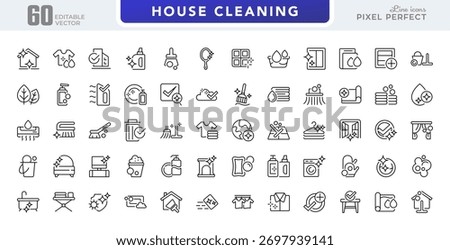 House cleaning line icon set. washing, vacuum cleaner, detergent, cleaning, cleaning cloth, sponge, brush, cleaning spray, bucket line icon set. Ui thin line icon pack