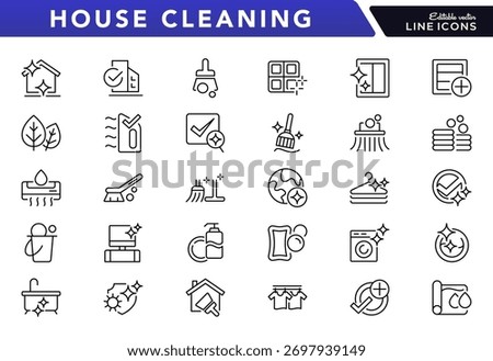 House cleaning line icon set. washing, vacuum cleaner, detergent, cleaning, cleaning cloth, sponge, brush, cleaning spray, bucket line icon set. Ui thin line icon pack