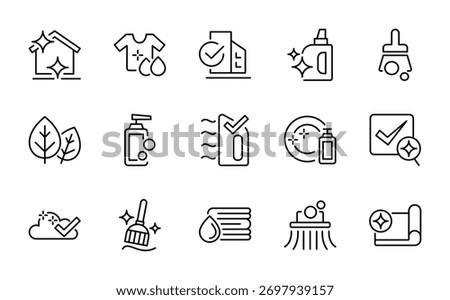 House cleaning line icon set. washing, vacuum cleaner, detergent, cleaning, cleaning cloth, sponge, brush, cleaning spray, bucket line icon set. Ui thin line icon pack