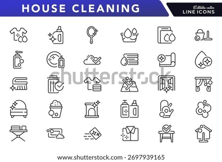 House cleaning line icon set. washing, vacuum cleaner, detergent, cleaning, cleaning cloth, sponge, brush, cleaning spray, bucket line icon set. Ui thin line icon pack