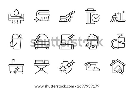 House cleaning line icon set. washing, vacuum cleaner, detergent, cleaning, cleaning cloth, sponge, brush, cleaning spray, bucket line icon set. Ui thin line icon pack