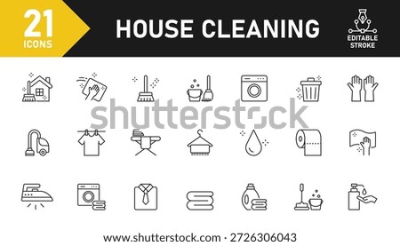 House cleaning line icon set. Set of 21 outline icons related to house cleaning, housekeeping, cleaning, washing, vacuum, mop, vacuum and others. Editable stroke. Vector illustration.