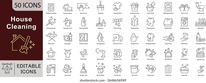 House Cleaning Line Icons: Home Maintenance, Dusting, Laundry and Organizing Vectors