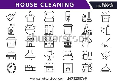 House cleaning linear icon set. Cleaning tools, broom, mop, vacuum, detergent, home care, sanitation, chores, hygiene, dusting, vector outline icon set. UI thin line icon pack