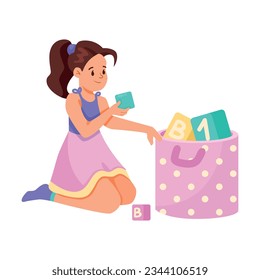 House Cleaning with Little Girl Sitting and Pick Up Toys in Box Vector Illustration