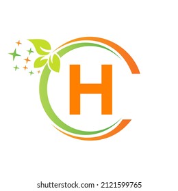 House Cleaning Logo On H Letter Design. Letter H Cleaning Service House Logo Template Vacuum Cleaner, Bucket, Spring Cleaning Logotype