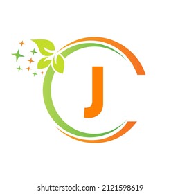 House Cleaning Logo On J Letter Design. Letter J Cleaning Service House Logo Template Vacuum Cleaner, Bucket, Spring Cleaning Logotype