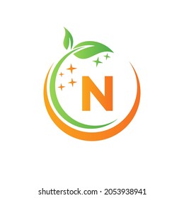 House Cleaning Logo On Letter N With Water Spa And Leaf Concept. Maid Logo, Leaf Icon, Water Drop Template