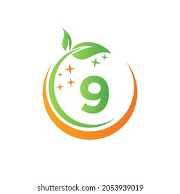 House Cleaning Logo On Letter 9 With Water Spa And Leaf Concept. Maid Logo, Leaf Icon, Water Drop Template