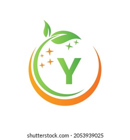 House Cleaning Logo On Letter Y With Water Spa And Leaf Concept. Maid Logo, Leaf Icon, Water Drop Template