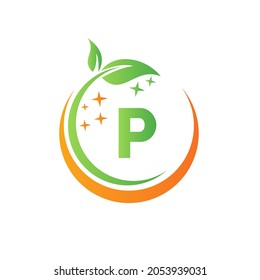 House Cleaning Logo On Letter P With Water Spa And Leaf Concept. Maid Logo, Leaf Icon, Water Drop Template